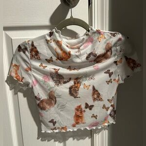 Cat and Butterfly Mock Neck Mesh Crop Top